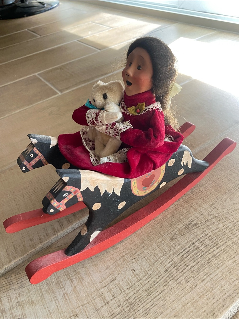 1990 Byers Choice Wooden Rocking Horse Doll with Red Dress and Teddy